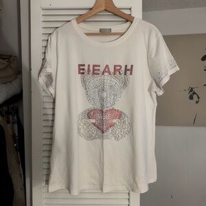 French Rhinestone Teddy Bear Graphic Cotton T-Shirt | White | L | NWOT | Y2K